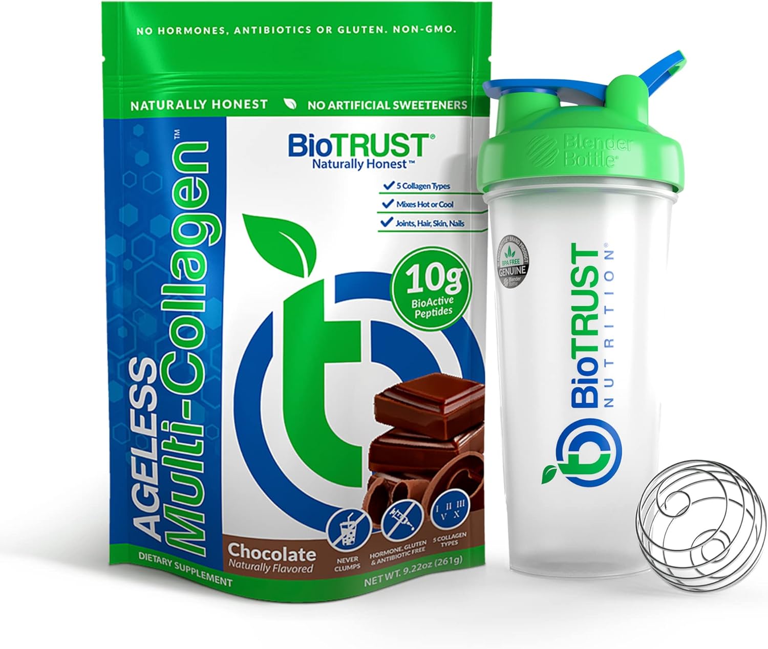 BioTrust Ageless Multi Collagen 5-in-1 Protein Powder (Chocolate) BlenderBottle Bundle