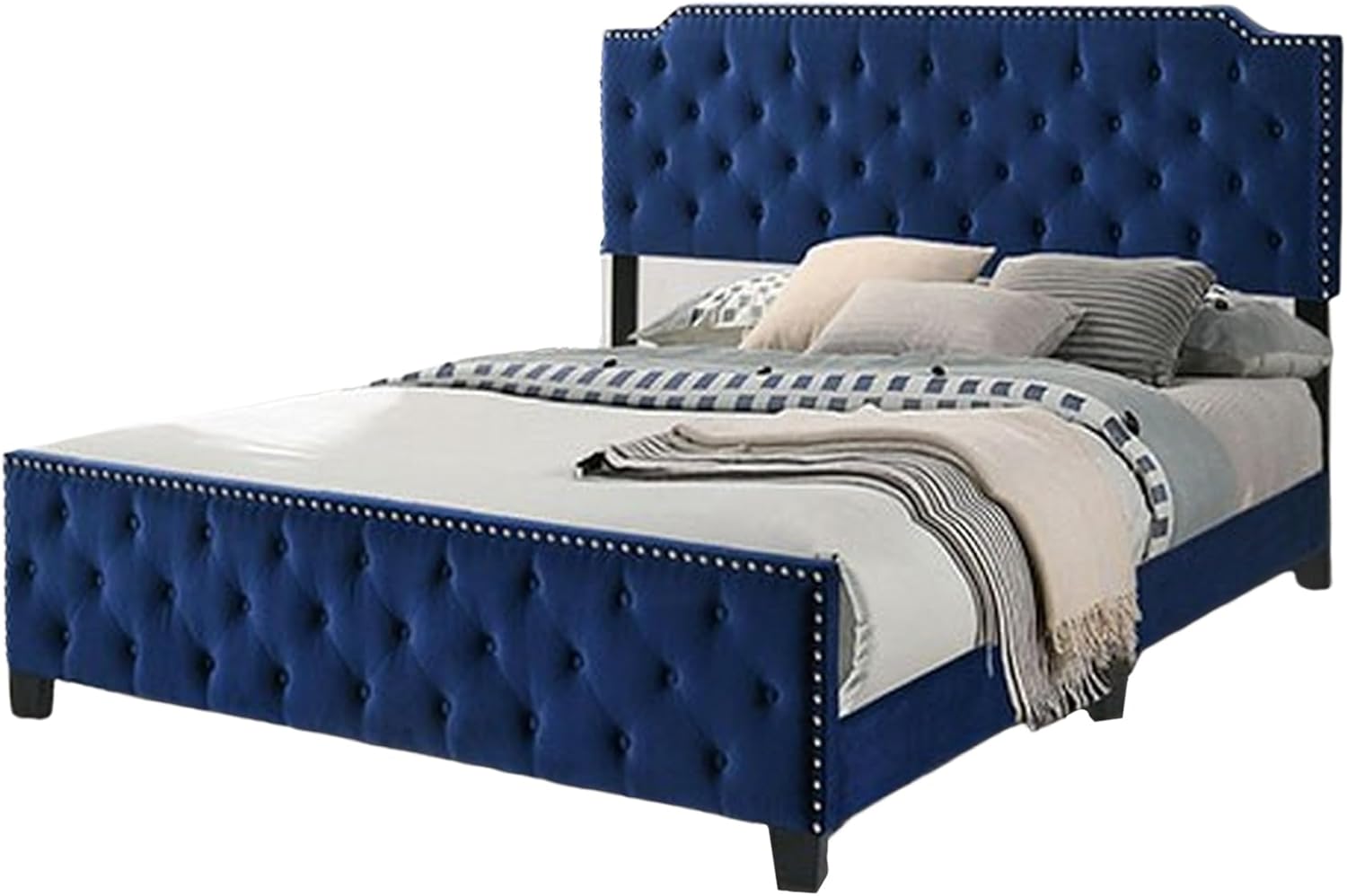 Benjara Agapi California King Bed, Button Tufted, Nailhead Trim, Upholstery, Navy Blue