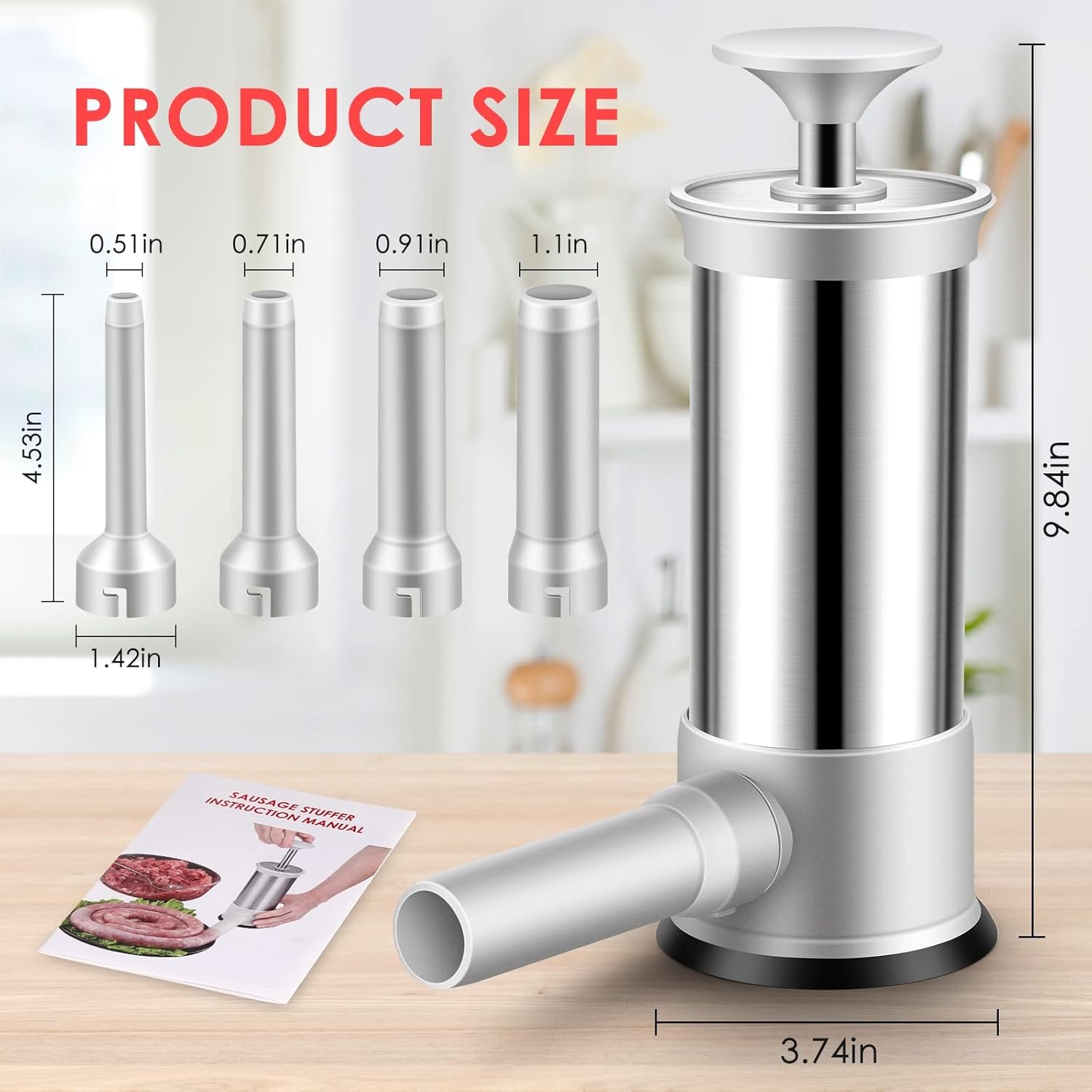 Stainless Steel Vertical Sausage Stuffer and Sausage Maker w/4 Stuffing Tubes, Manual Sausage Stuffer Machine(2.2LB)