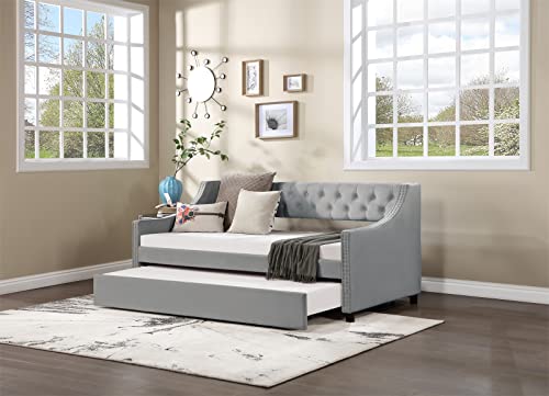Daybed with Trundle, Twin Size Velvet Upholstered Daybed Frame with Tufted Button Back & Copper Nail on Arms, Wood Sofa Bed Frame for Living Room Bedroom, No Box Spring Needed, Grey
