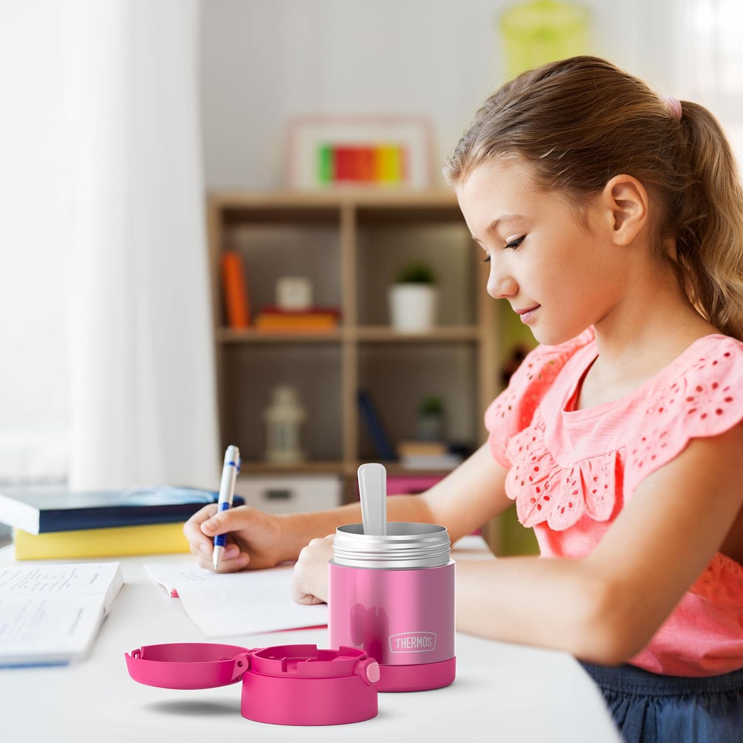 THERMOS FUNTAINER Insulated Food Jar – 10 Ounce, Pink – Kid Friendly Thermos Food Jar with Foldable Spoon