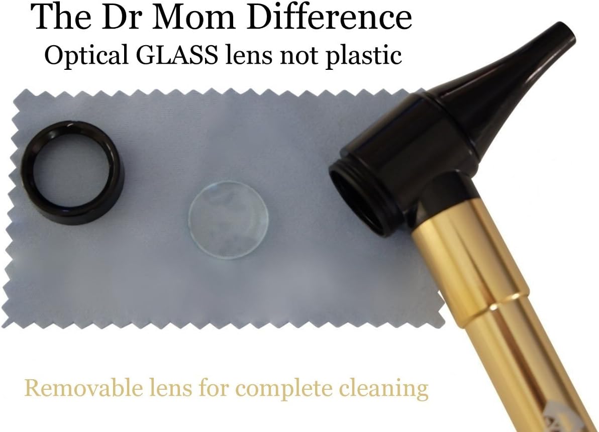 Hard CASE - Third Generation Dr Mom Slimline Stainless LED Pocket Otoscope Now Includes True View Full Spectrum LED and Pocket Clip in Hard Plastic case for Travel - Gold