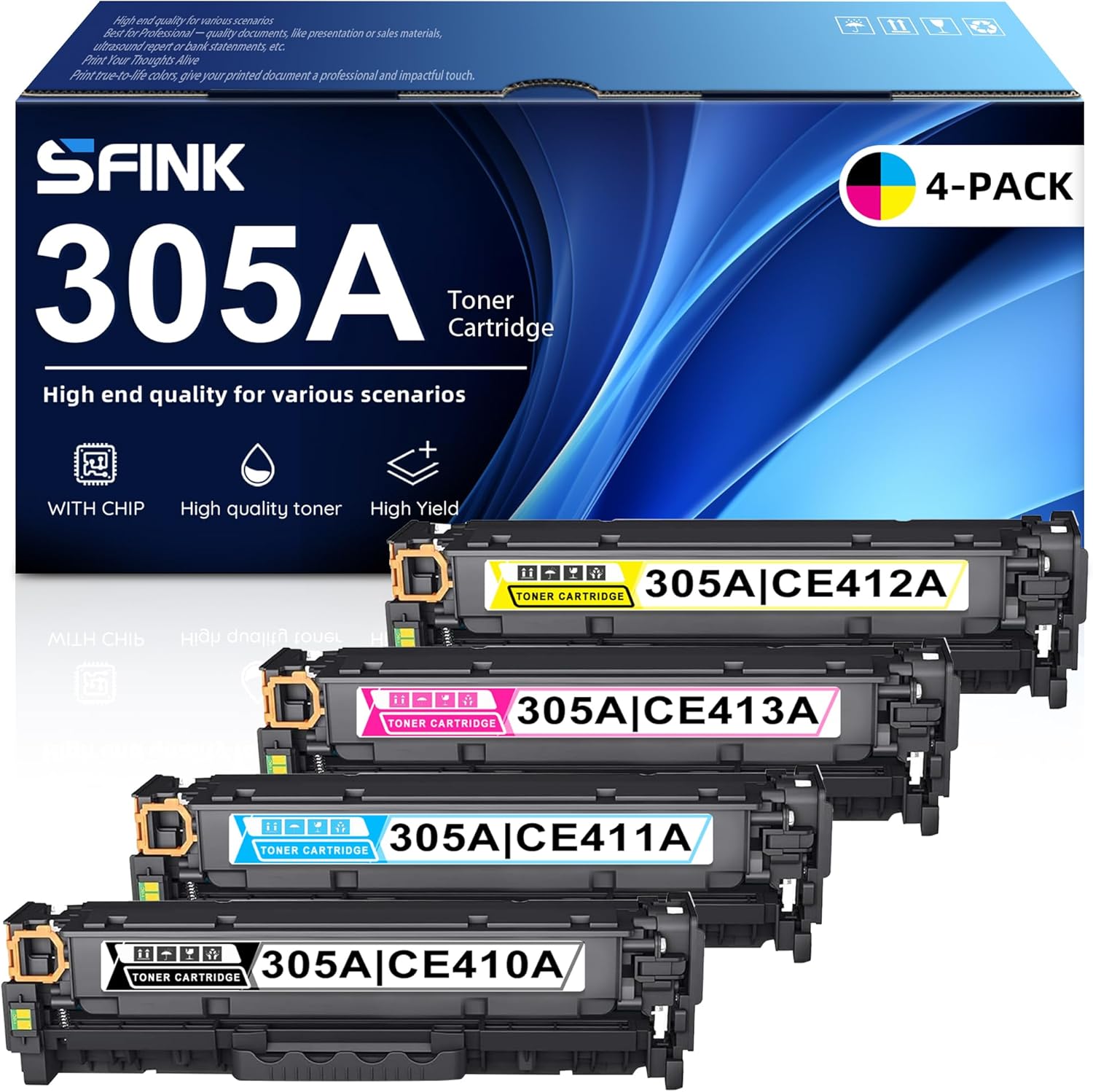 305A Toner Cartridges 4 Pack (with Chip) Replacement for HP 305A Toner Works with Laserj Pro 400 Color M451dn M451nw M451dw MFP M475dw M475dn Pro 300 M375nw toner | CE410A CE411A CE412A CE413A