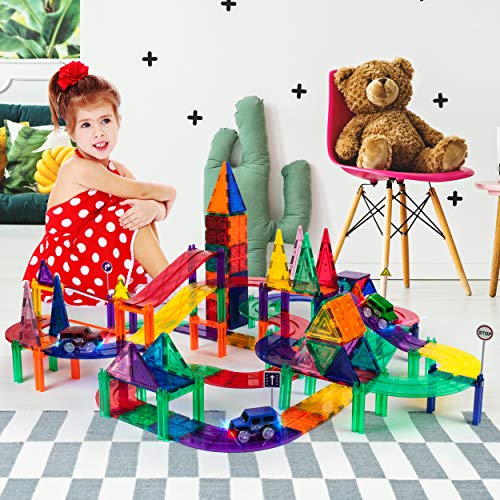 PicassoTiles 128 Piece Magnetic Race Track Toy Car Tracks Set Toddlers Magnet Building Blocks Tiles Sensory Toys for Kids INCLUDE 3 LED Cars STEM Engage in Thrilling Races age 3+ year old boys girls