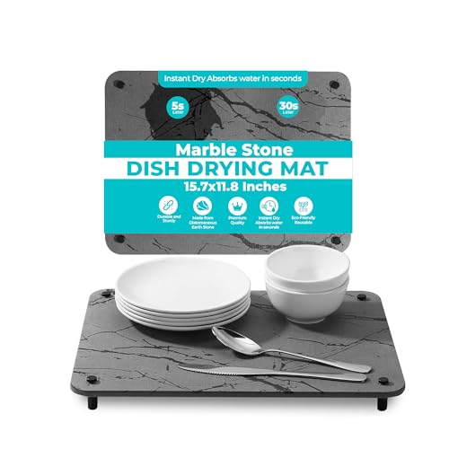 Marble Stone Dish Drying Mat, 15.7x11.8 Inches, Ultra Absorbent Stone Drying Mat, Drying Mat for Kitchen Counter, Heat Resistant Mat, Non-Slippery Sink Tray (Grey Marble)