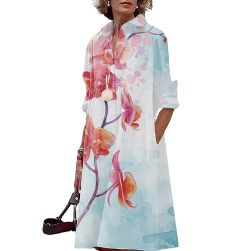 Summer Womens MIdi Button Down Long Sleeve Linen Shirt Dresses V Neck Loose Fitting Plus Size Casual Dress for Women