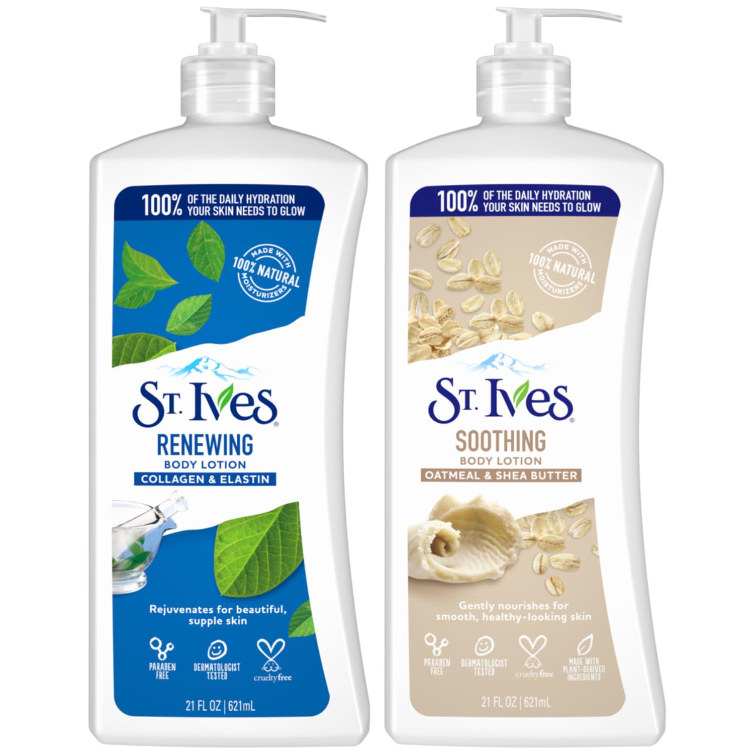 St. Ives Body Lotion Variety Pack – Soothing Oatmeal & Shea Butter Lotion + Renewing Collagen & Elastin, 21 Oz Ea (2 Piece Set)