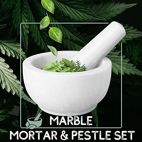 Flexzion Marble Mortar and Pestle Set - Solid Granite Stone Grinder Bowl Holder 5.5 Inch for Guacamole, Herbs, Spices, Garlic, Kitchen, Cooking, Medicine (White)