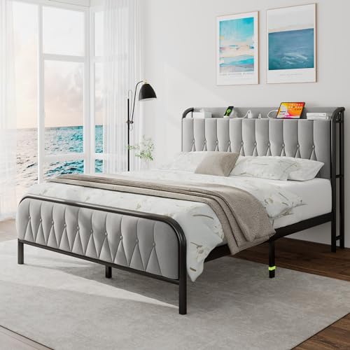 iPormis Queen Metal Bed Frame with Charging Station,Upholstered Headboard and Footboard, Heavy Duty Steel Support, 12