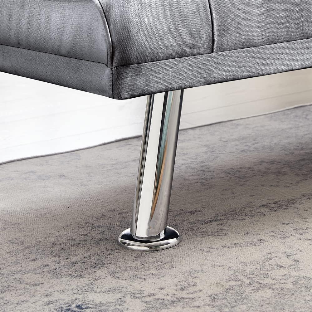 Convertible Folding Futon Sofa Bed, Fabric Linen Upholstered Modern Couch Loveseat Sleeper, Folding Daybed Guest Bed, Removable Armrests, 2 Cup Holders, Metal Legs，Gray