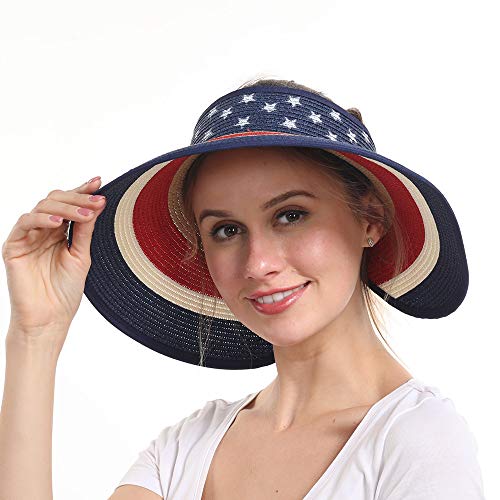 Women Sun Visors Foldable Straw Hats Summer Beach Packable Hat Floppy Wide Brim Cap Deep Style, Adjustable Size