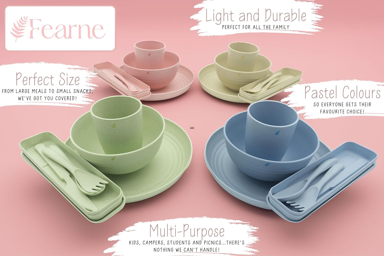 Fearne 16-piece Wheat Straw Plates and Bowls Sets for 4 - Unbreakable Toddler Kids Dinnerware Set, Reusable, Lightweight, Microwave & Dishwasher Safe