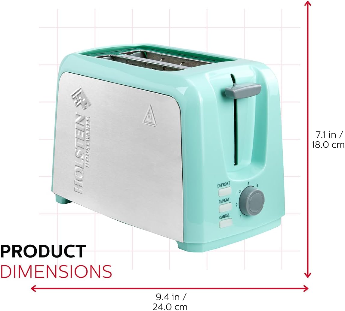 Holstein Housewares - 2-Slice Toaster with 7 Browning Control Settings, Mint/Stainless Steel - Great to Toast Bread, Bagels and Waffles