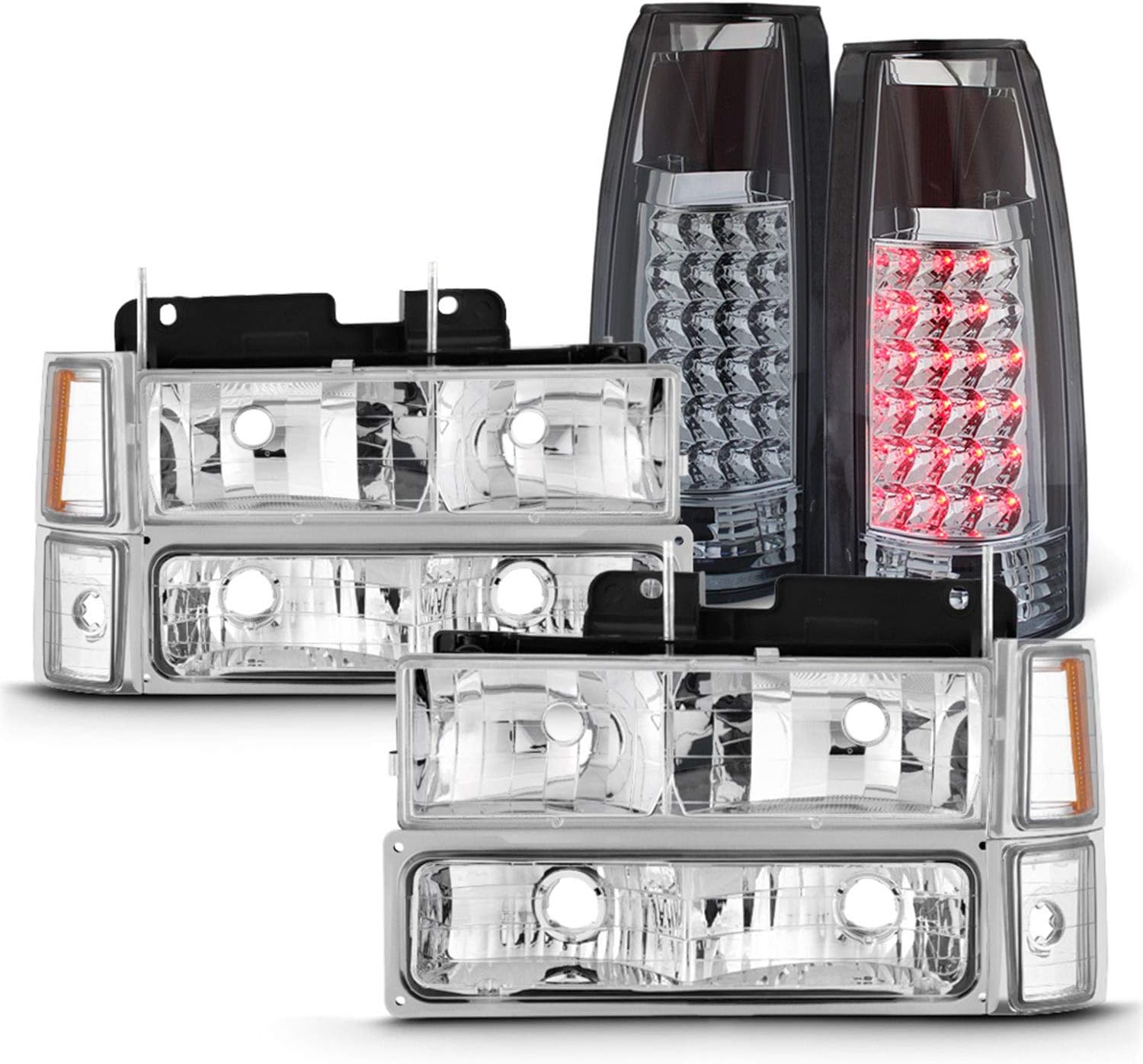 AKKON - Fits 94-98 C/K 1500 2500 3500 Tahoe Suburban Pickup Chrome Headlights +Corner + Bumper Signal Lamp + LED Tail Light Pair