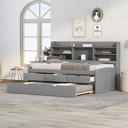 Captain Bed with Trundle,Twin Size Wood Captain Bed with Three Storage Drawers and Built-in Bookshelves,Daybed Sofa Bed with Solid Slats Support,Wood Platform Bed Frame for Living Room Dorm,Natural