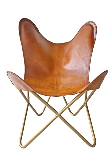Leather Living Room Chairs-Butterfly Chair Brown Leather Butterfly Chair-Handmade with Powder Coated Folding Iron Frame (Cover with Folding Frame) (Golden Frame)