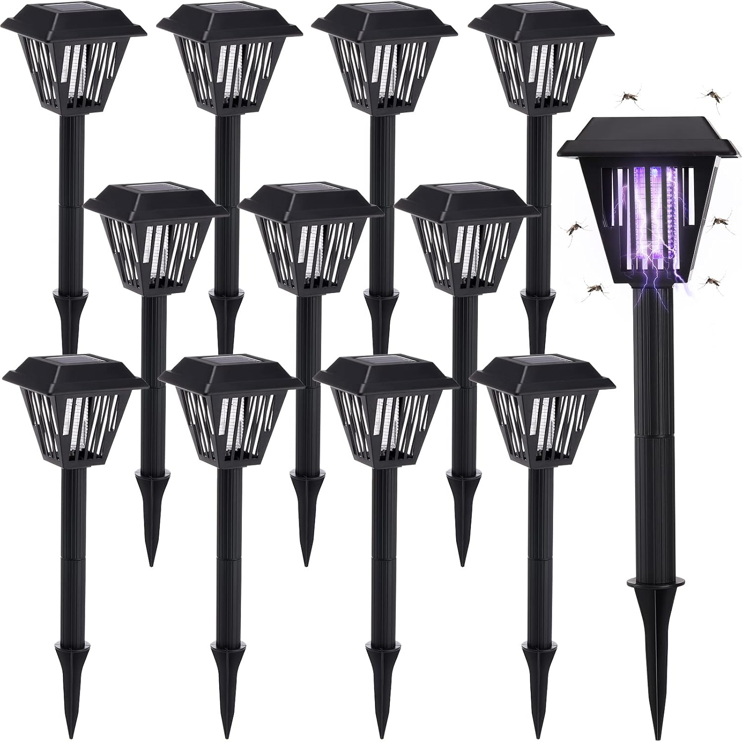 12 Pcs Solar Bug Zapper Outdoor 2 in 1 Solar Mosquito Fly Killer Waterproof Lighting Mosquito Repellent Lamp LED Mosquito Killer Lamp for Indoor Outdoor, Black