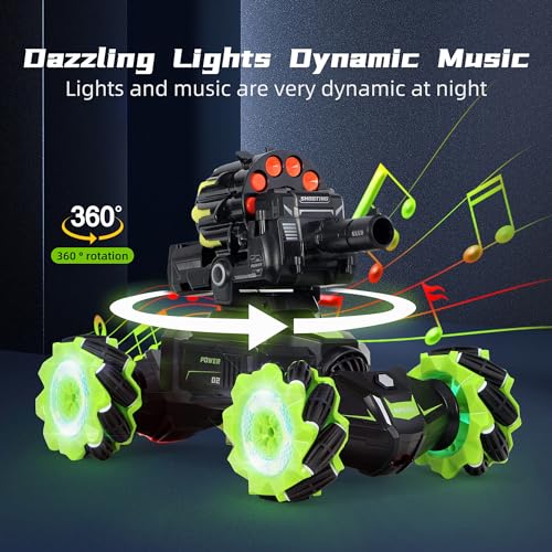 RC Car Shoot Nerf Bullet, Remote Control Hand Gesture Stunt Drift Truck, Hand Remote, 360°Rotating Battle Tanks with Soft Bullets Water Bomb, Spray, Music, Led, Toy Gifts（Green）…
