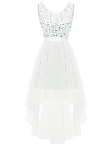 Dressystar Women's Sparkly Sequin Glitter Dress 2024 Cocktail Prom Wedding Guest Dress Hi-Lo V Neck Tulle Formal Party Dress