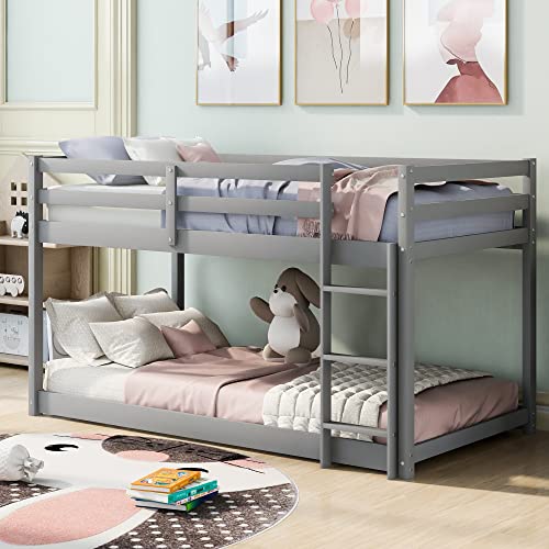Solid Wood Twin Over Twin Floor Bunk Bed w Ladder, Safety Guard Rails, 400LBS Wooden Twin Bunk Beds for Teens/Adults, Low Bed Frame Bedroom Furniture, No Box Spring Required, Gray