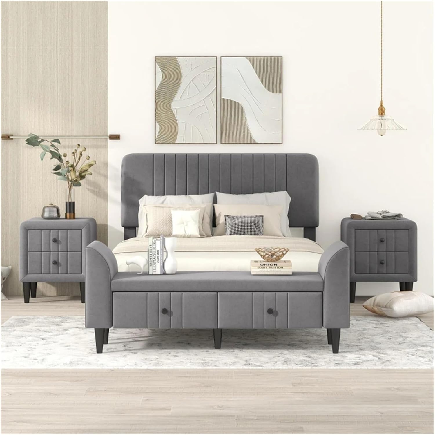 Bed, Gray 4-Pieces Bedroom Sets Full Size Upholstered Platform Bed w/Two Nightstands and Storage Bench,Compatible with Indoor Bedroom Furniture, Er658-058