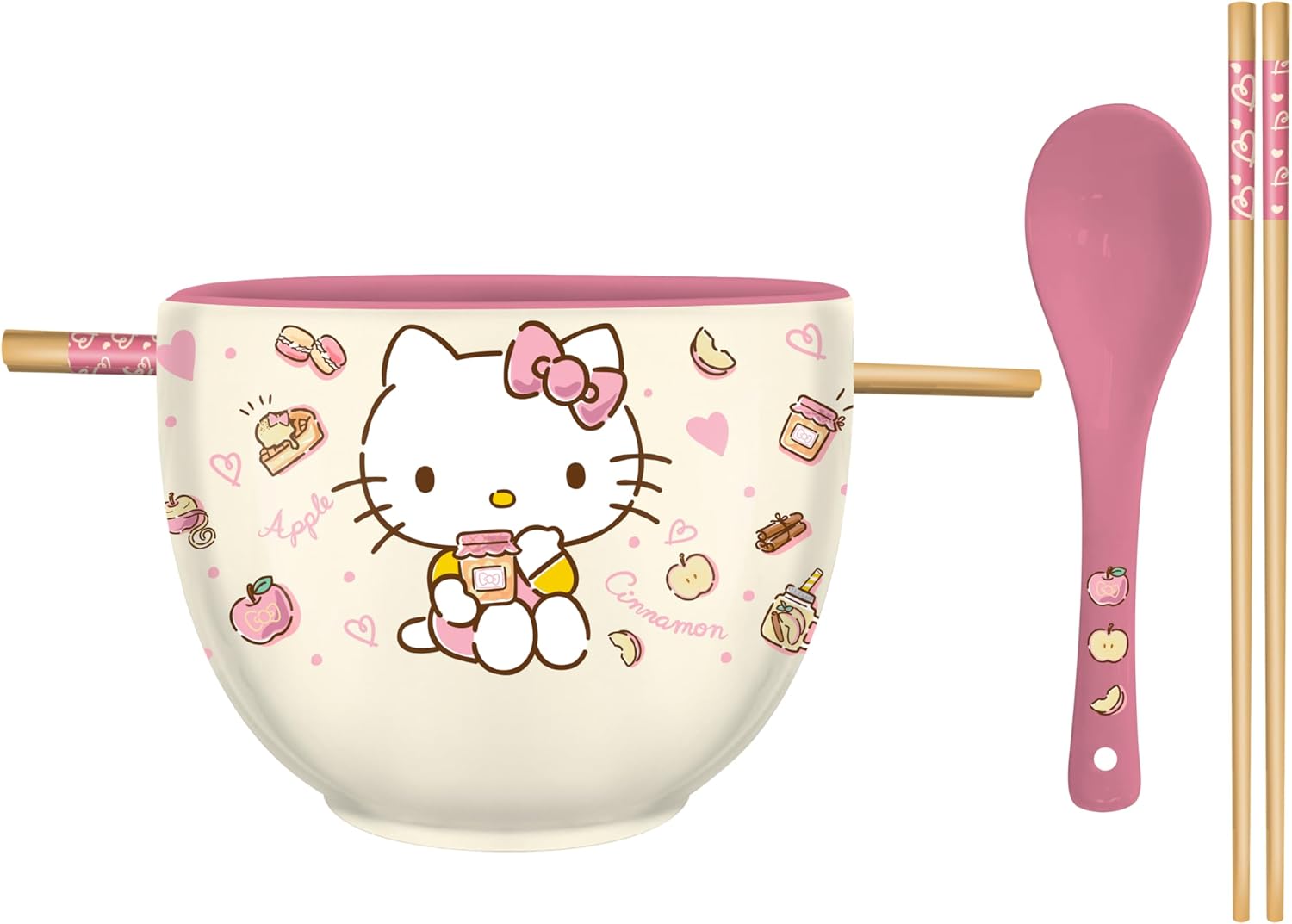 Silver Buffalo Sanrio Hello Kitty Apples and Cinnamon Ceramic Ramen Noodle Rice Bowl with Chopsticks and Spoon, Microwave Safe, 20 Ounces