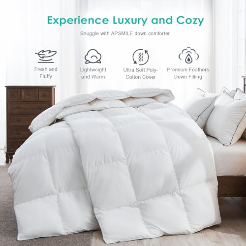 APSMILE Premium Feathers Down Comforter Queen Size, AirF™ All Season Duvet Insert with Egyptian Cotton Blend Cover, 850 FP Fluffy Bed Comforter with 8 Tabs (White, 90