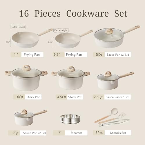 CAROTE 17pcs Pots and Pans Set Non Stick, Kitchen Cookware Sets, Easy to Clean Kitchen Induction Pots and Pans, Pot and Pan Sets for Cooking, Cream White
