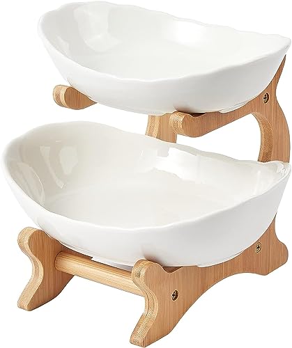 2 Tier Ceramic Fruit Bowl, with Bamboo Wood Stand, White Kitchen Fruit Basket Stand Fruit Serving Tray Set for Vegetable Storage, Snack Dessert Cake Candy Tray Plate Holder