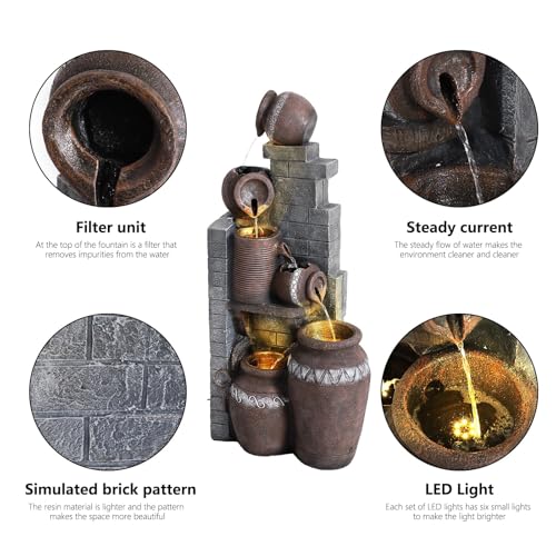 LEISU 5-Tiers Outdoor Indoor Fountains Modern Resin Floor-Standing Cascading Water Feature Fountain with LED Lights,Garden Deck Patio Porch Backyard Court (Pottery Jar + Wooden Stake Modeling)