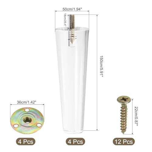 uxcell Acrylic Furniture Legs 5 inch Set of 4, Replacement Sofa Feet Cabinet Modern Clear Decor DIY with Installation Hardware for Couch, Bench, TV Stand, Chair, Dresser