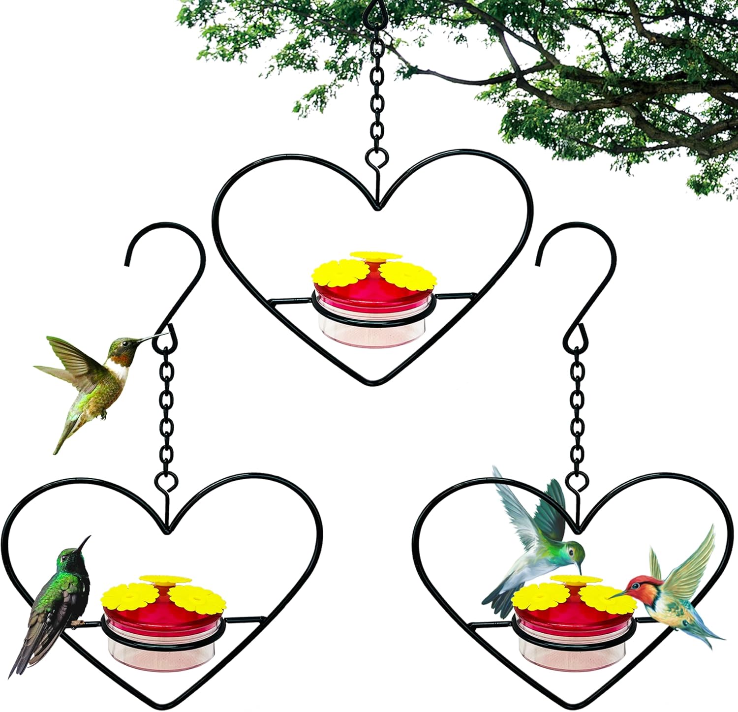 3 Pcs Hanging Hummingbird Feeder, Stackable Hanging Humming Bird Feeder with Metal Frame & Red Plastic Bowl, Easy to Clean and Refill, for Outside Garden Backyard Patio Outdoors Tree