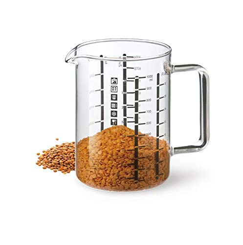 Simax Glass Measuring Cup | Durable Borosilicate Glass, Easy to Read Metric Measurements- Liter, Milliliter, Ounce, Sugar Grams, Flour Grams, Drip Free Spout, Microwave and Dishwasher Safe (16-Ounce)