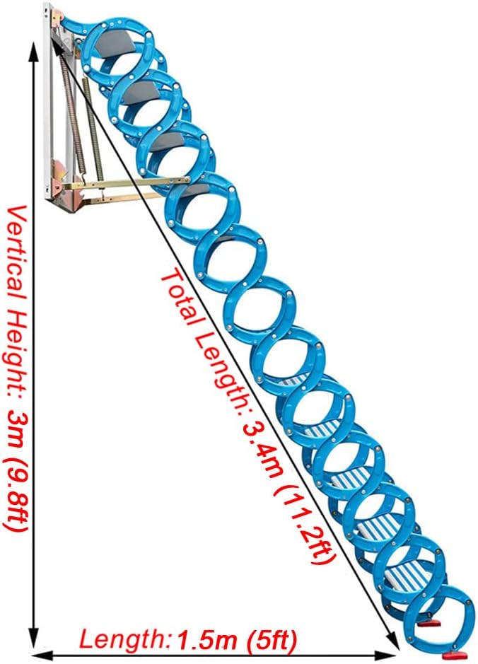 INTBUYING 12 Pedals Blue-white Loft Large Wall Ladder, Wall Mounted Attic Extension Folding Stair Al-Mg Alloy Material Max 9.8 ft Vertial Height with Two Armrests and Long Pull Rod