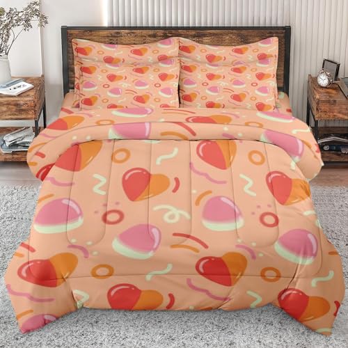5 Pcs Comforter Set Twin Size, Rainbow Feather Blue Bed in a Bag with Flat Sheet and Fitted Sheet for Kids and Adults, Green Orange Red Bedding Set with Pillowcase & Sham