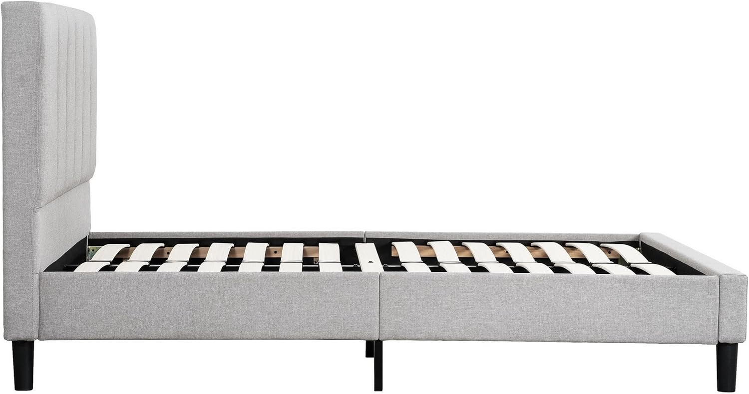 Benjara Heli Queen Bed, Gray Linen Upholstered Frame, Vertical Tufted Headboard