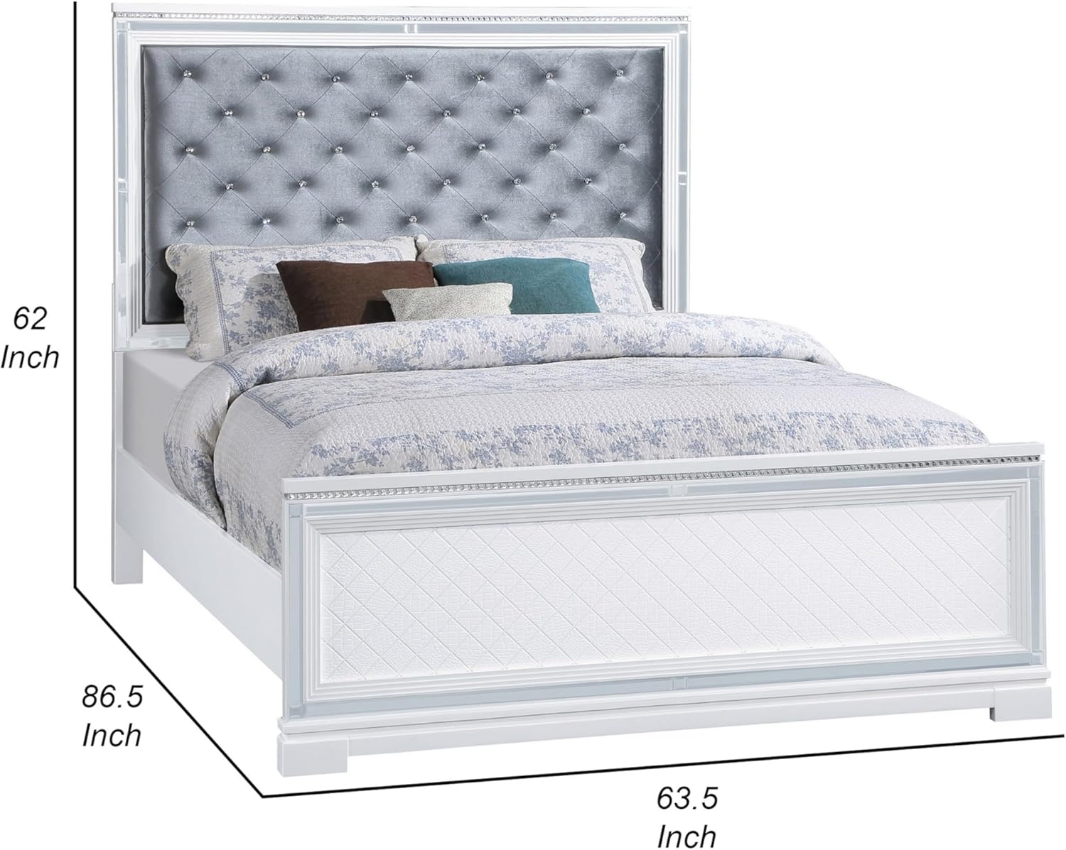 Benjara BM302857 Velvet Upholstery & White Frame Tufted Headboard Axl Foam Queen Size Bed Silver