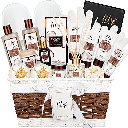 18Pcs Bath Spa Gift Baskets Set For Women Bath and Body Gift Basket Works For Women and Men Spa Kit Coconut Spa Gifts Set for Birthday Skin Self Care Spa Bath Set for Christmas Mothers Day