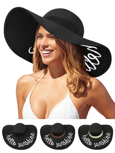 Floppy Beach Hats for Women, Foldable Wide Brim Sun Hat Embroidered Roll up Straw Hat - Vocation, Honeymoon, Travel