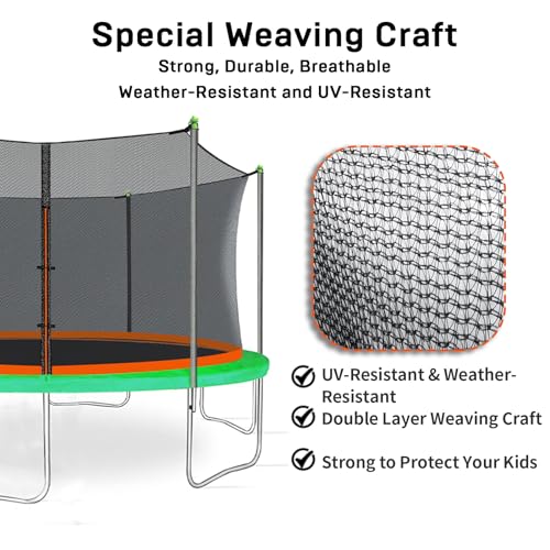 Trampoline Net Replacement with 6 Pole Caps, 12 ft 14 ft 15 ft Trampoline Net Round Safety Trampoline Net UV-Resistant Weather-Resistant Breathable Durable Net(Not Include Poles)