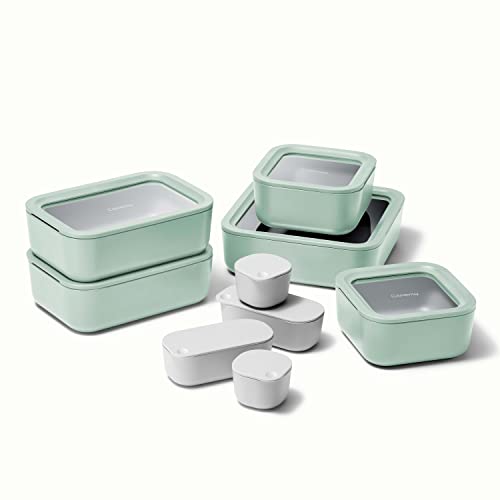 Caraway Glass Food Storage Set, 14 Pieces - Ceramic Coated Food Containers - Easy to Store, Non Toxic Lunch Box Containers with Glass Lids - Includes Storage Organizer & Dot & Dash Inserts - Mist