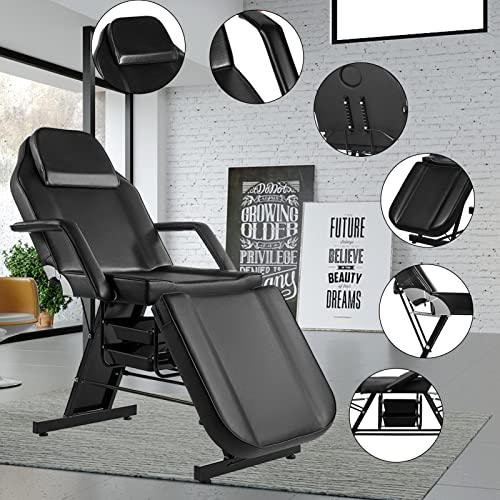 Facial Chair Tattoo Table Massage Bed Adjustable 3-Section Multipurpose with Hydraulic Stool for Esthetician Beauty Spa Tattoo Eyelash Equipment Black