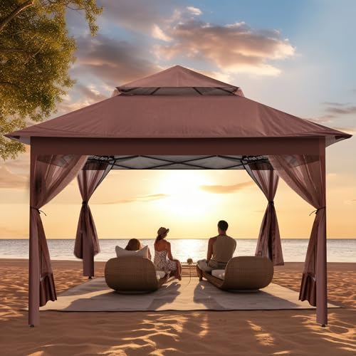 yoyomax 13X13 Outdoor Pop Up Gazebo with Netting, Portable Gazebo Waterproof Patio Canopy Shelter with Double Roof Tops and 169 Square Feet of Shade for Beach Parties, Camping and Picnics - Brown