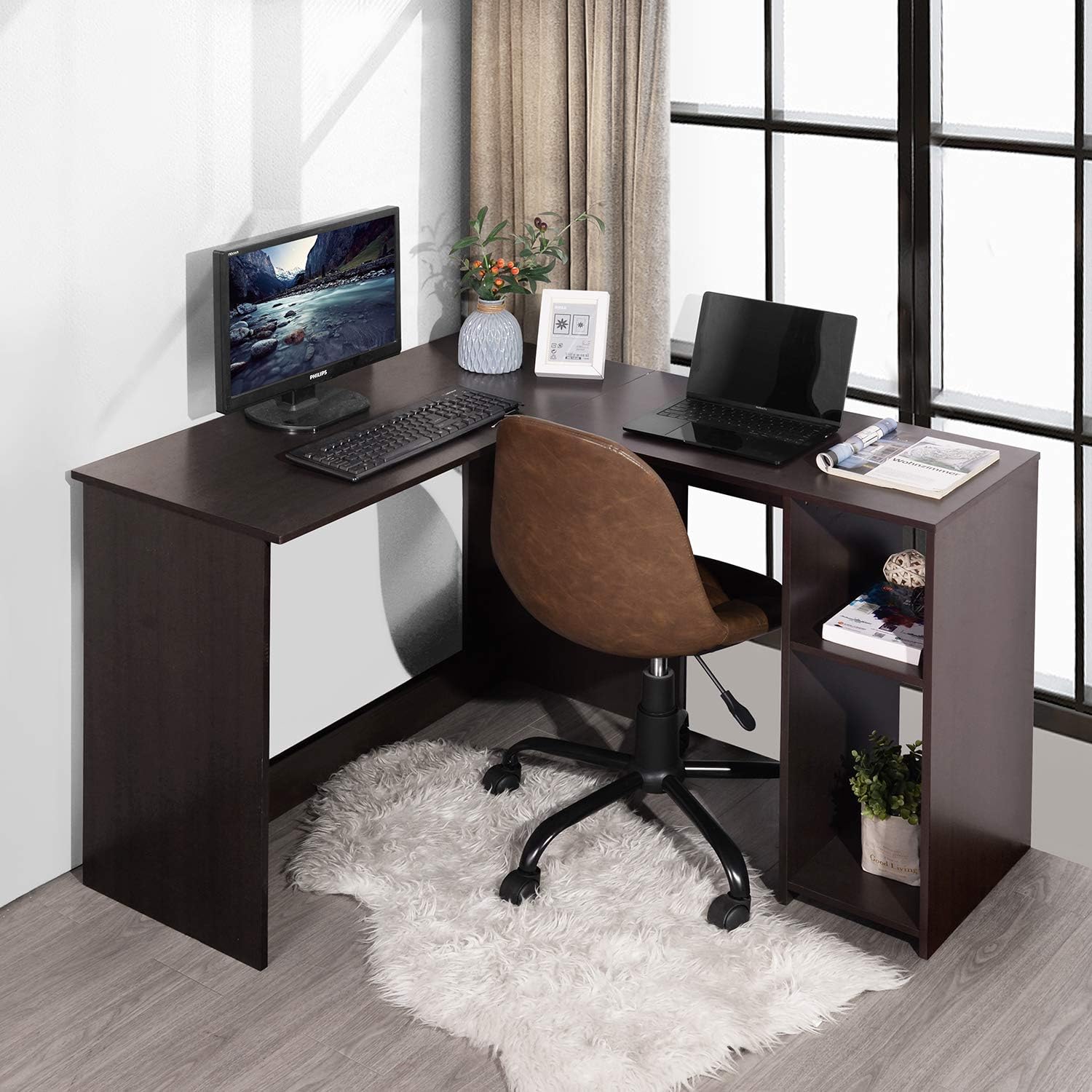 47.2-Inch L-Shaped Computer Desk, Home Office Study Writing Corner Gaming Table, Retro Design Work Station Space-Saving for Study Room Bedroom, Brown, Modern