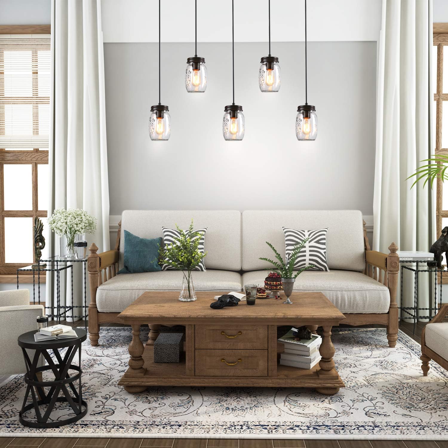 LNC Farmhouse Mason Jar Chandelier, 5-Light Adjustable Rustic Pendant Chandeliers Hanging Light Fixture for Kitchen Island and Dining Room Brown