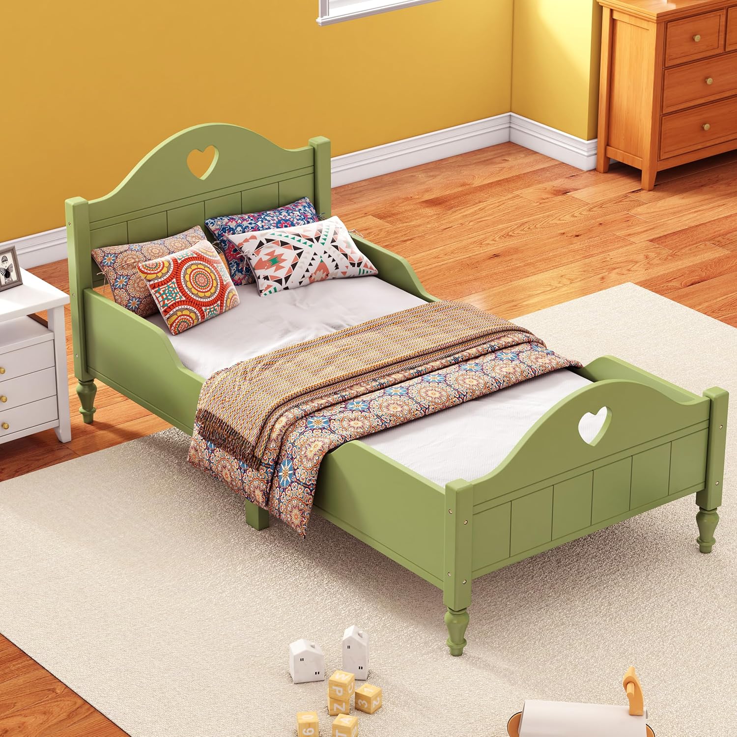Bellemave Twin Size Bed Frame for Kids,Macaron Twin Bed with Headboard and Footboard,Wooden Platform Bed for Boys,Girls,No Box Spring Needed (Oliver Green)