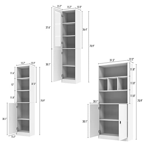 AIEGLE Large Bookshelf Set, Tall Bookcase Display Bookshelf with Open Shelves & 6 Doors, Home Office Display Storage Cabinet, White (47.2