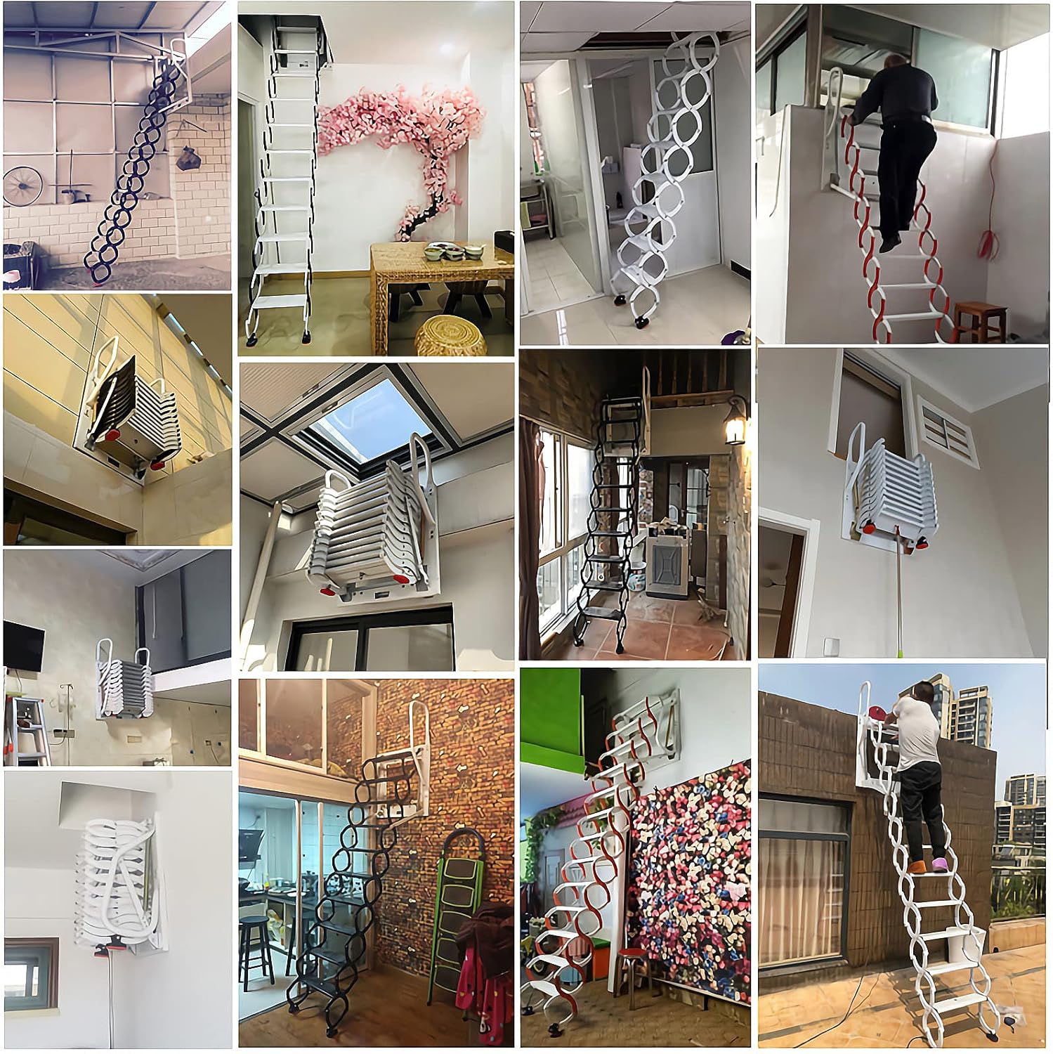 TECHTONGDA Folding Ladder Attic Loft Pull Down Ladder Stairs 12 Steps Wall Mounted Folding Stairs Al-Mg Alloy 9.8ft Height Attic Stairs Blue Retractable Attic Steps Loft Ladder with Armrests