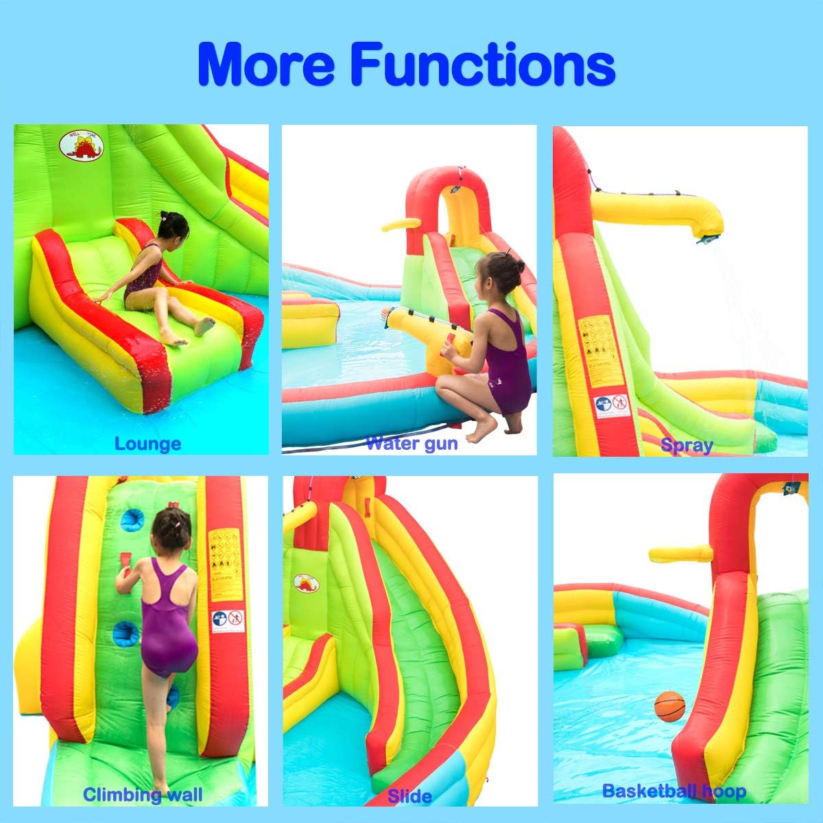 Inflatable Water Park with Blower Dual Water Slide, Climbing Wall, Water Gun, Splash Pool, Lounge, Basketball Hoop and Big Slide