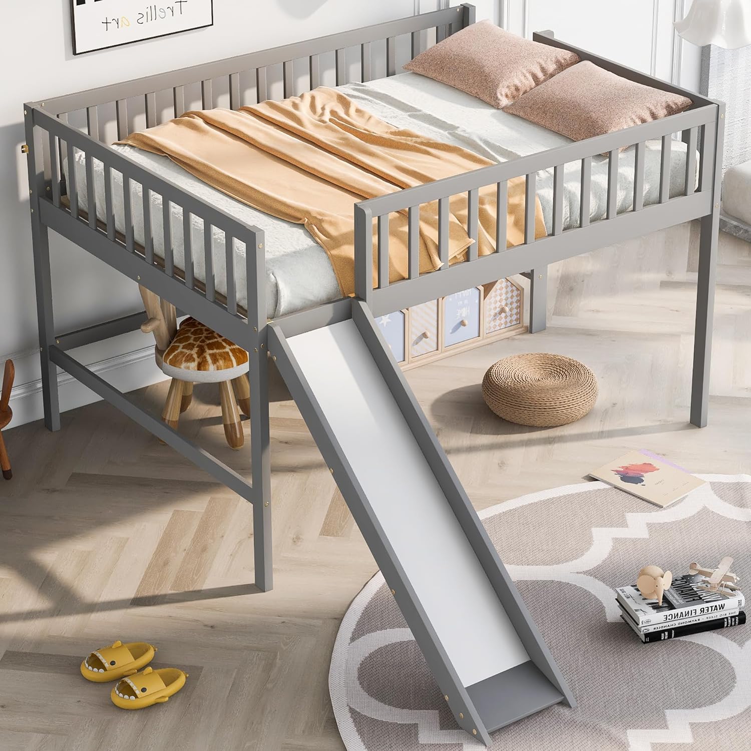 Full Size Low Ladder and Slide, Solid Wood Loft Beds with Safety Guardrail, Ideal for Kids Teens Adults Bedroom Furniture, No Box Spring Needed, Easy Assembly, Gray